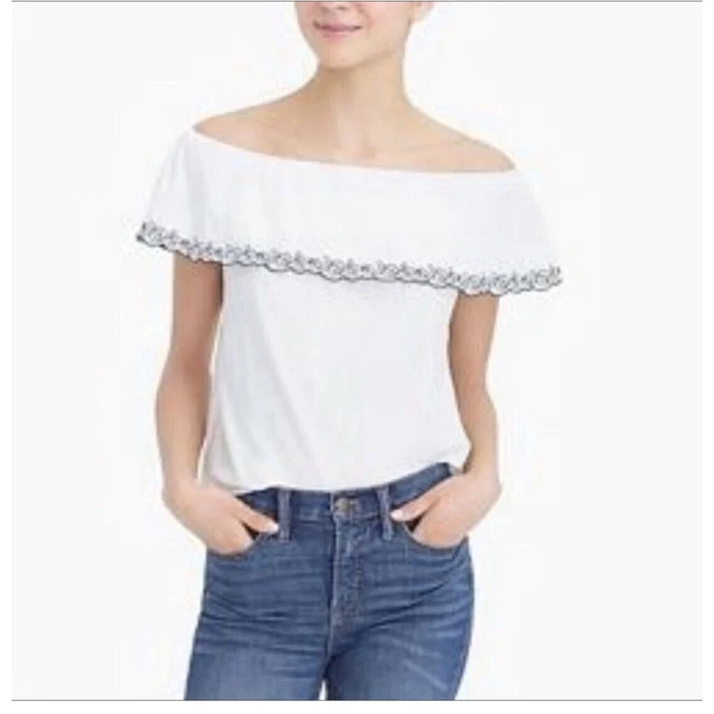 J Crew Top M white embroidered ruffle Off The shoulders blouse cotton knit